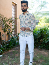 Cotton Full Sleeves White Elephant Print Shirt