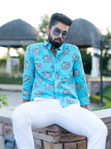 Full Sleeves Sky Blue Elephant Printed Shirt