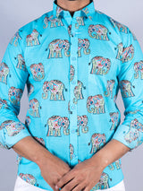 Full Sleeves Sky Blue Elephant Printed Shirt