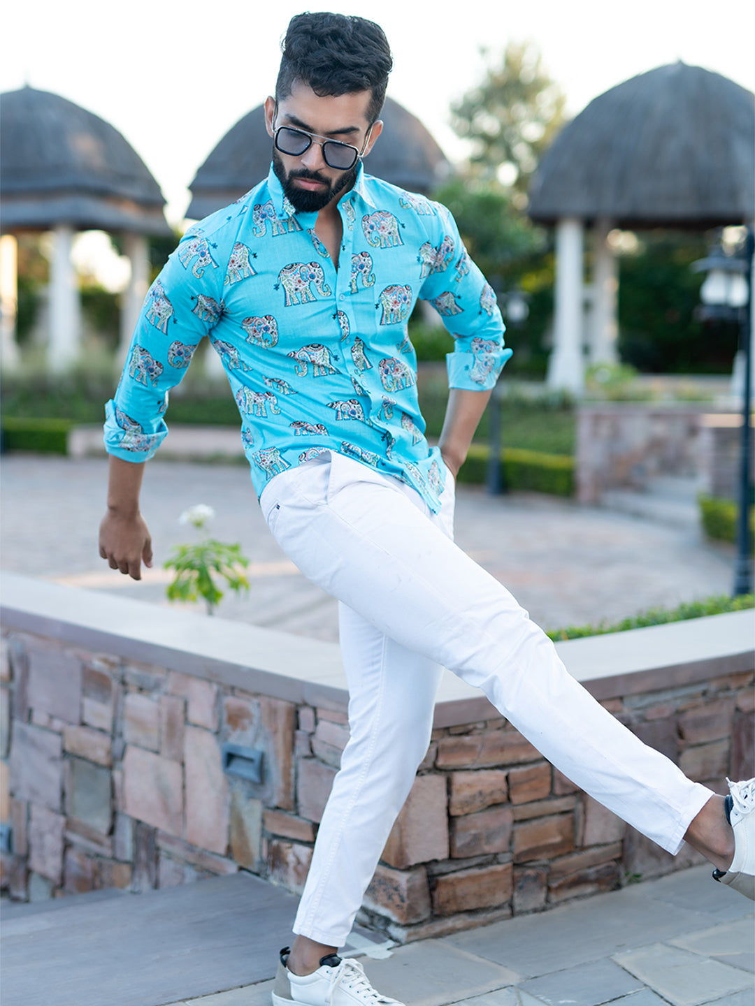 Full Sleeves Sky Blue Elephant Printed Shirt