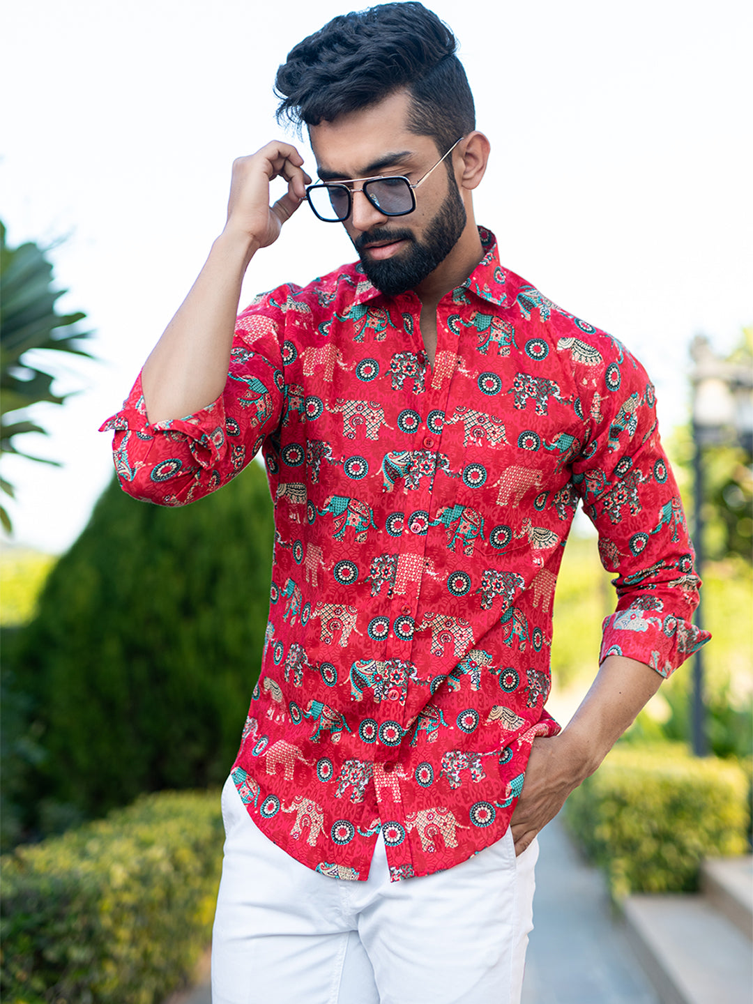 Full Sleeves Cotton Red Elephant Paisley Printed Shirt