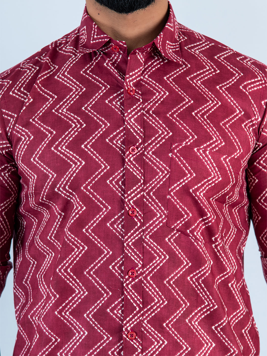 Maroon Chevron Printed Full Sleeves Cotton Shirt