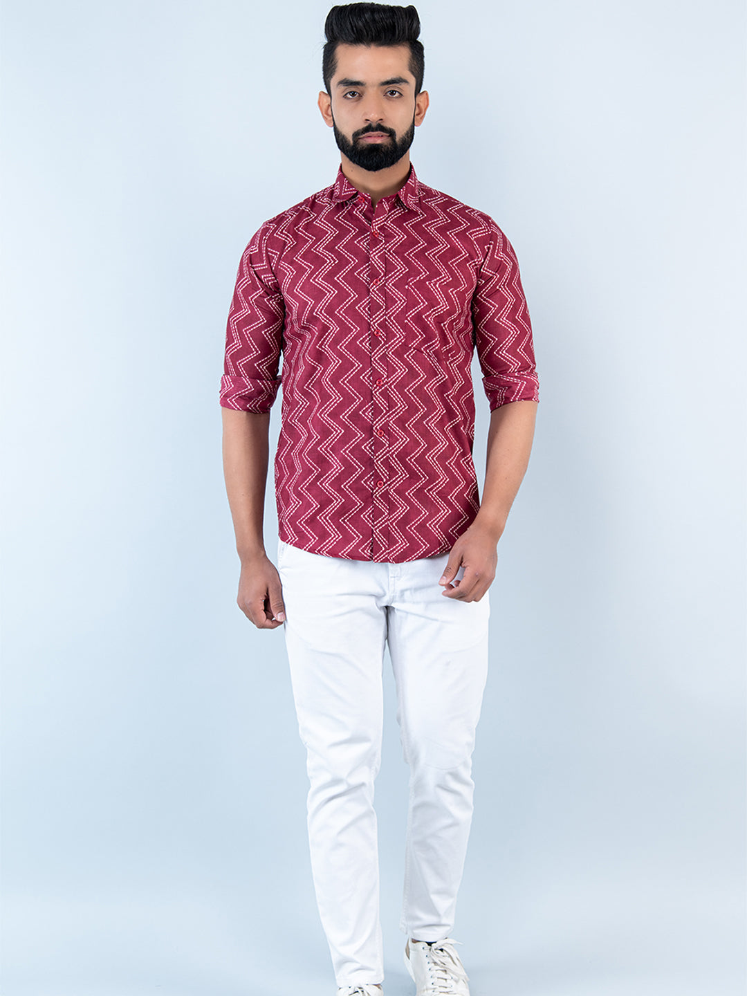 Maroon Chevron Printed Full Sleeves Cotton Shirt