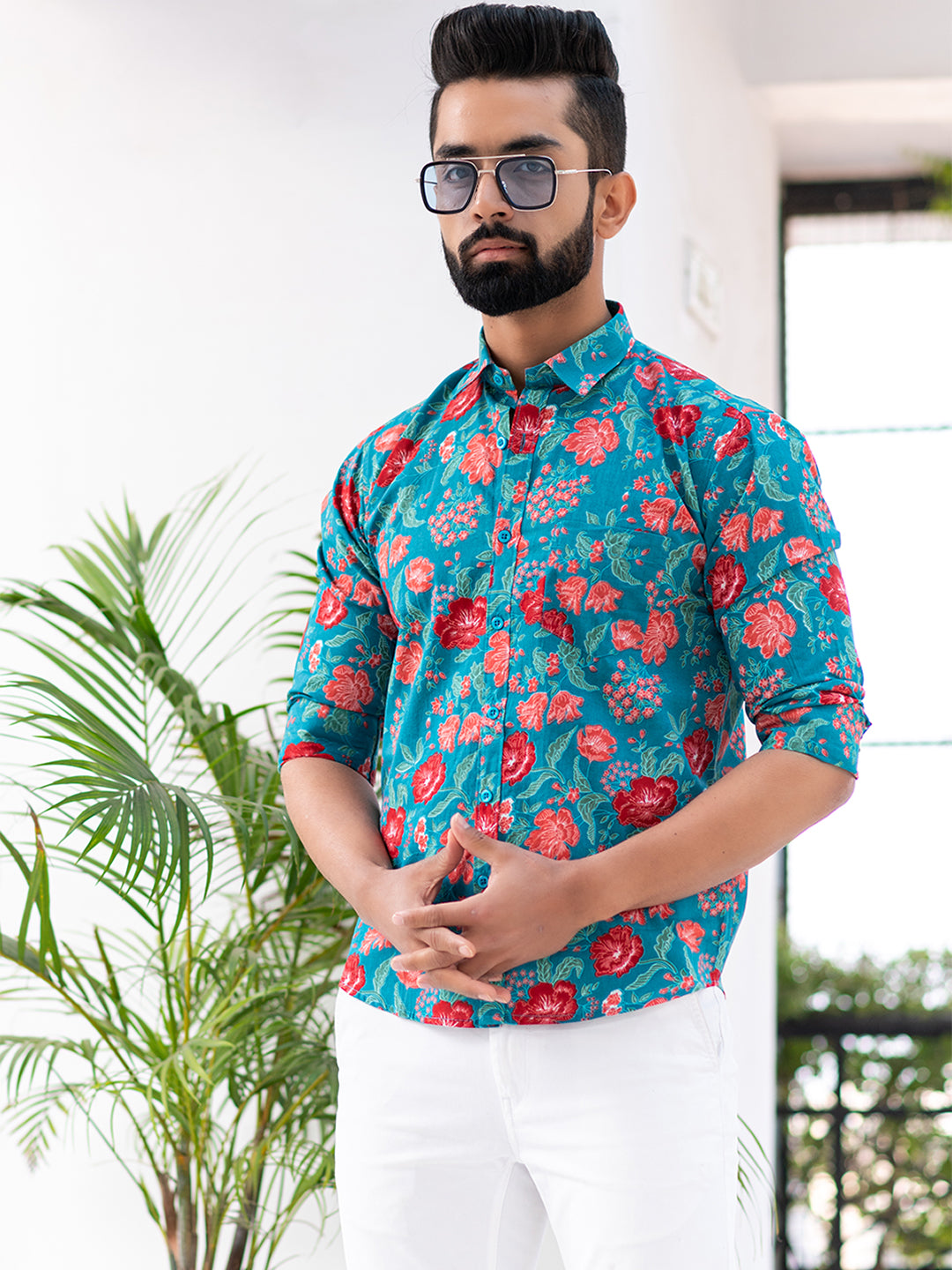 Teal Blue Floral Printed Full Sleeves Cotton Shirt