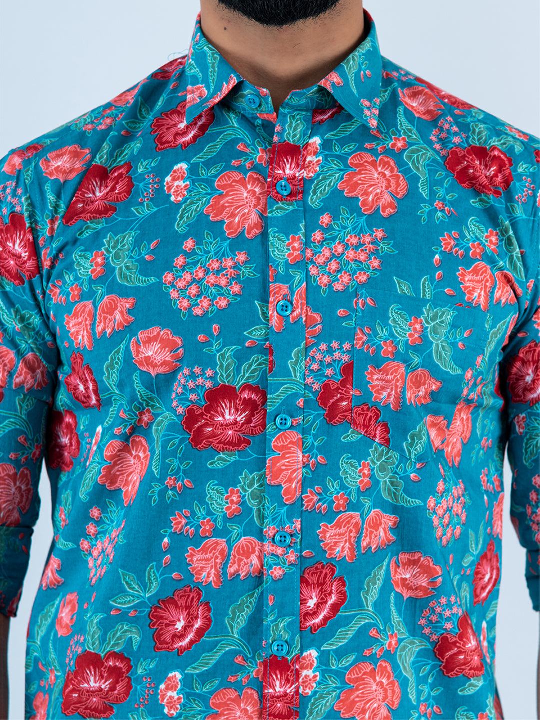 Teal Blue Floral Printed Full Sleeves Cotton Shirt