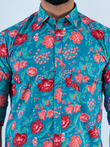 Teal Blue Floral Printed Full Sleeves Cotton Shirt