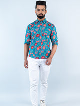 Teal Blue Floral Printed Full Sleeves Cotton Shirt