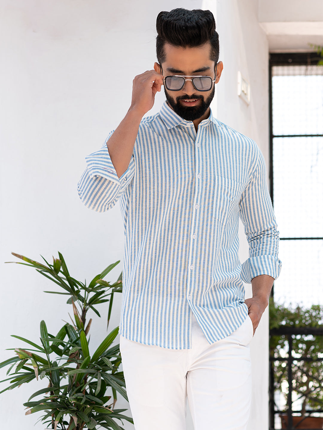 Blue and White Stipes Full Sleeves Cotton Shirt