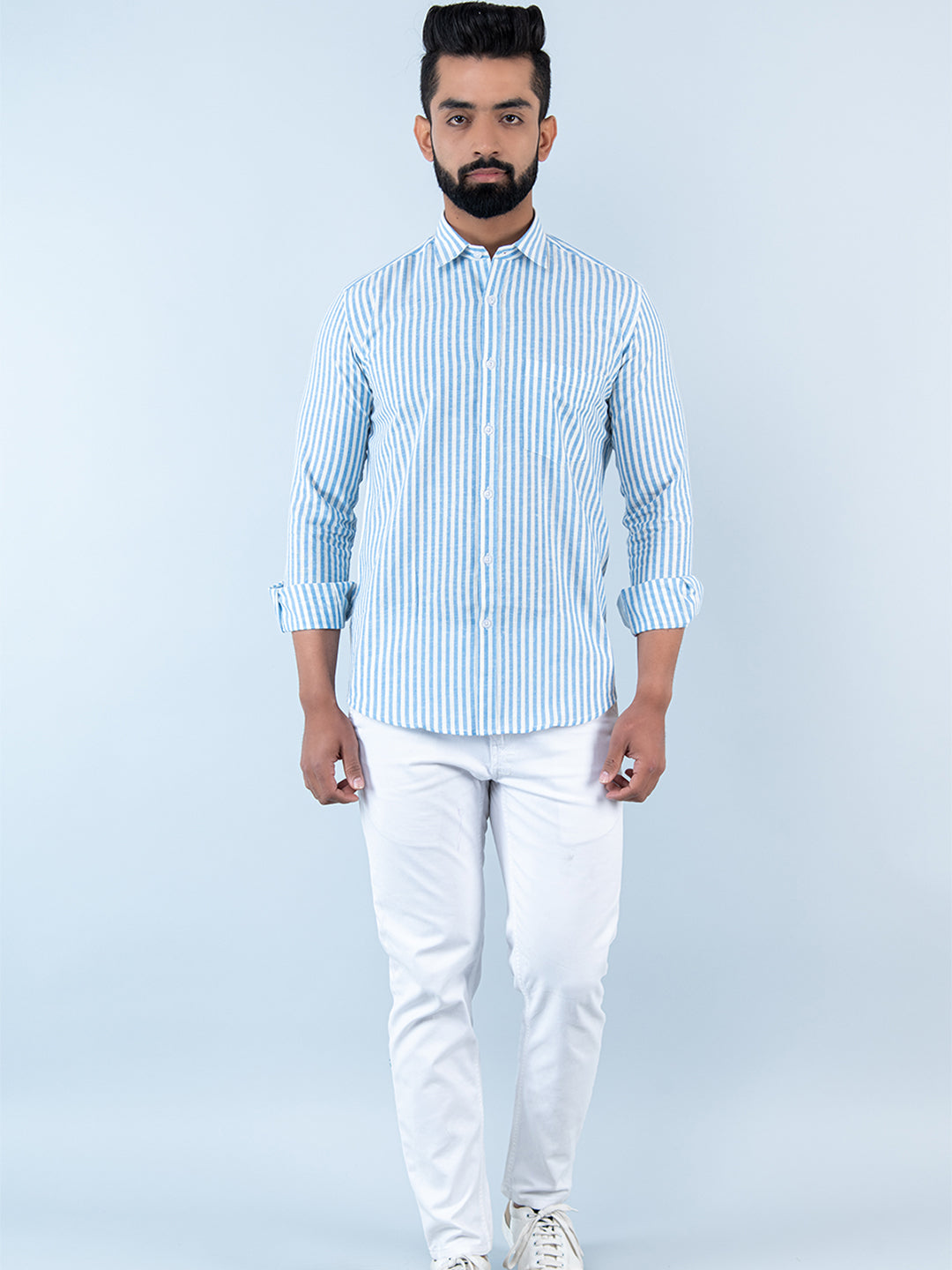 Blue and White Stipes Full Sleeves Cotton Shirt