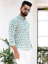 White Block Printed Full Sleeves Cotton Shirt