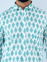 White Block Printed Full Sleeves Cotton Shirt