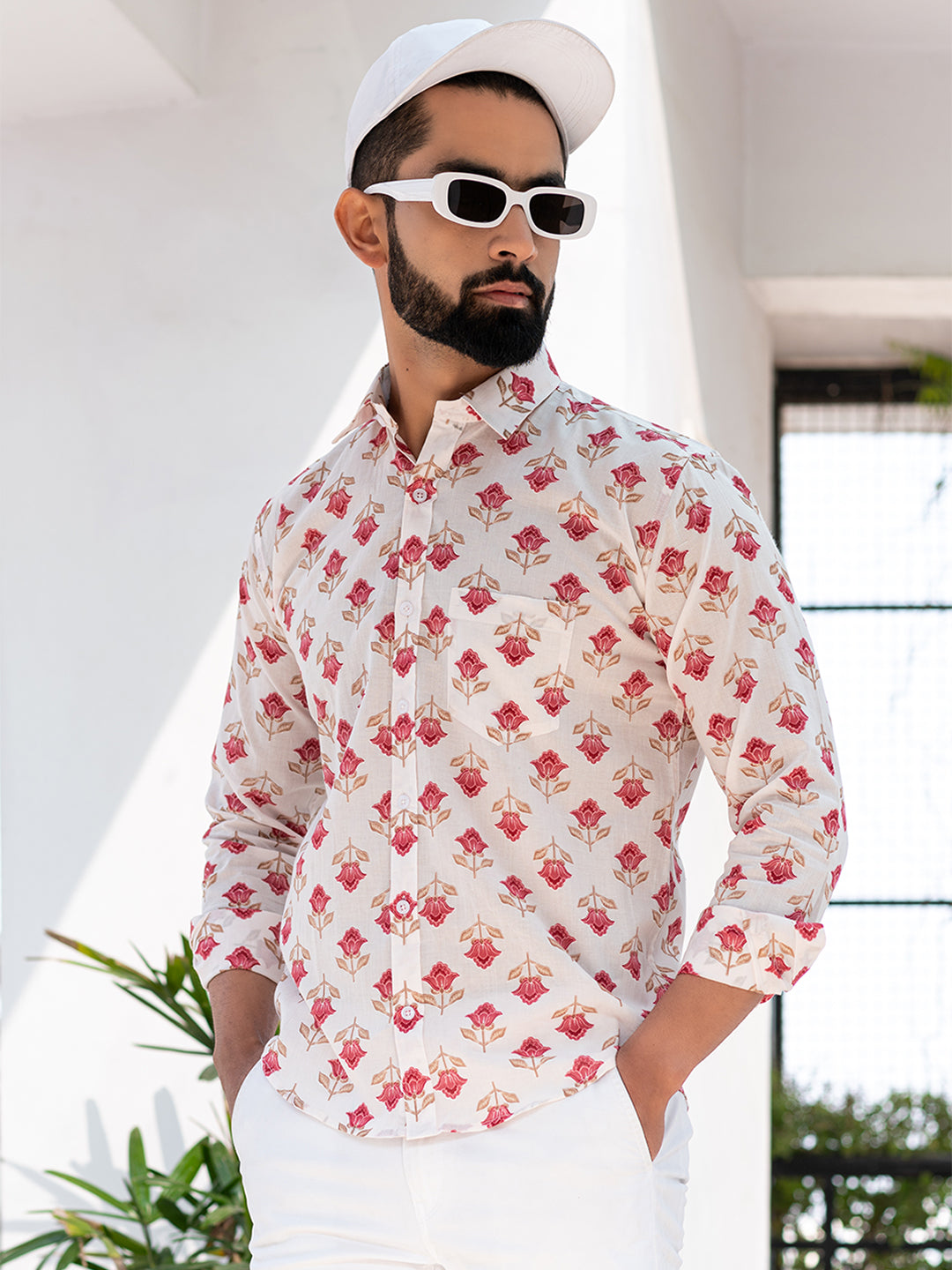 White Floral Printed Full Sleeves CottonShirt