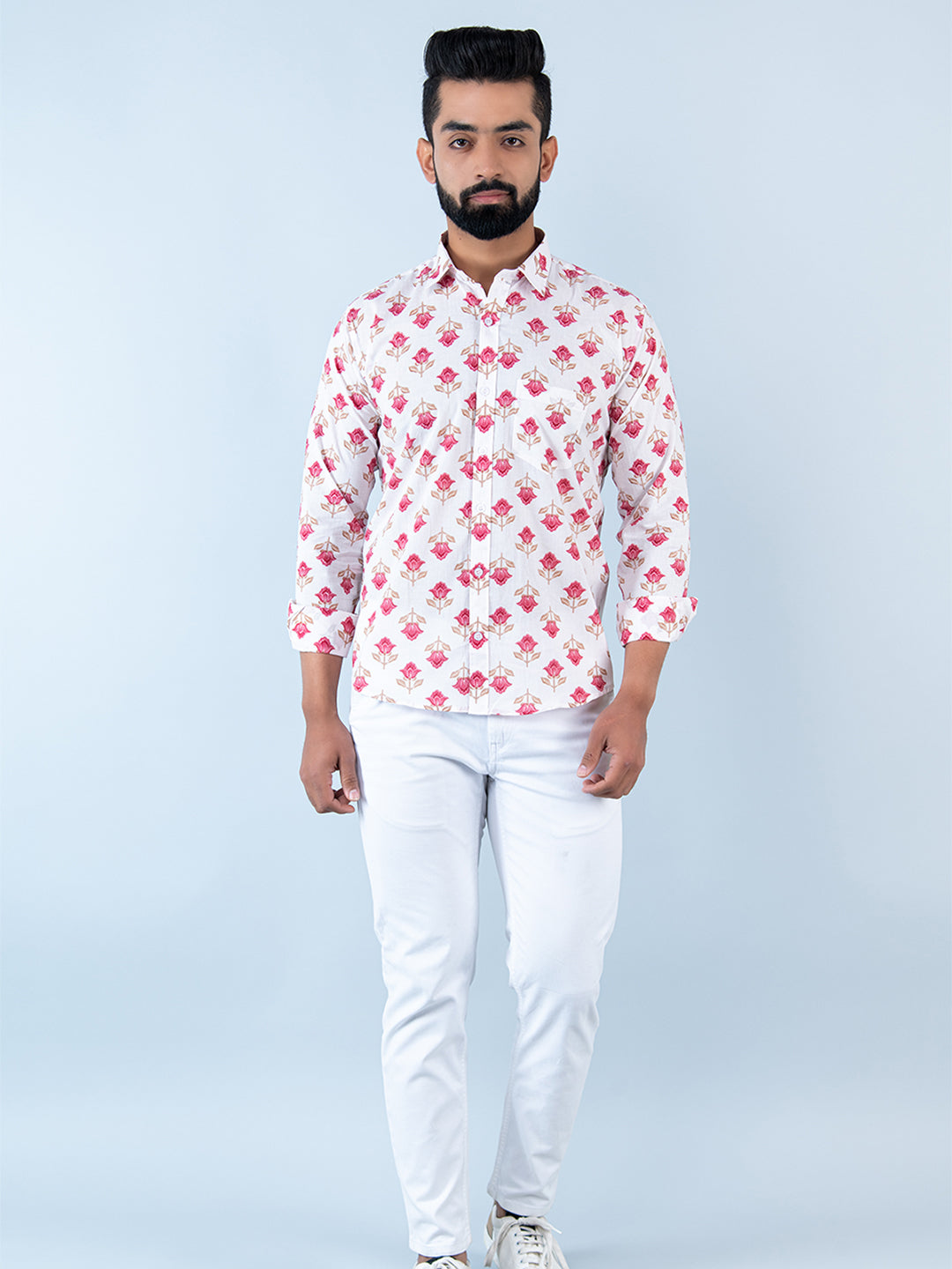 White Floral Printed Full Sleeves CottonShirt