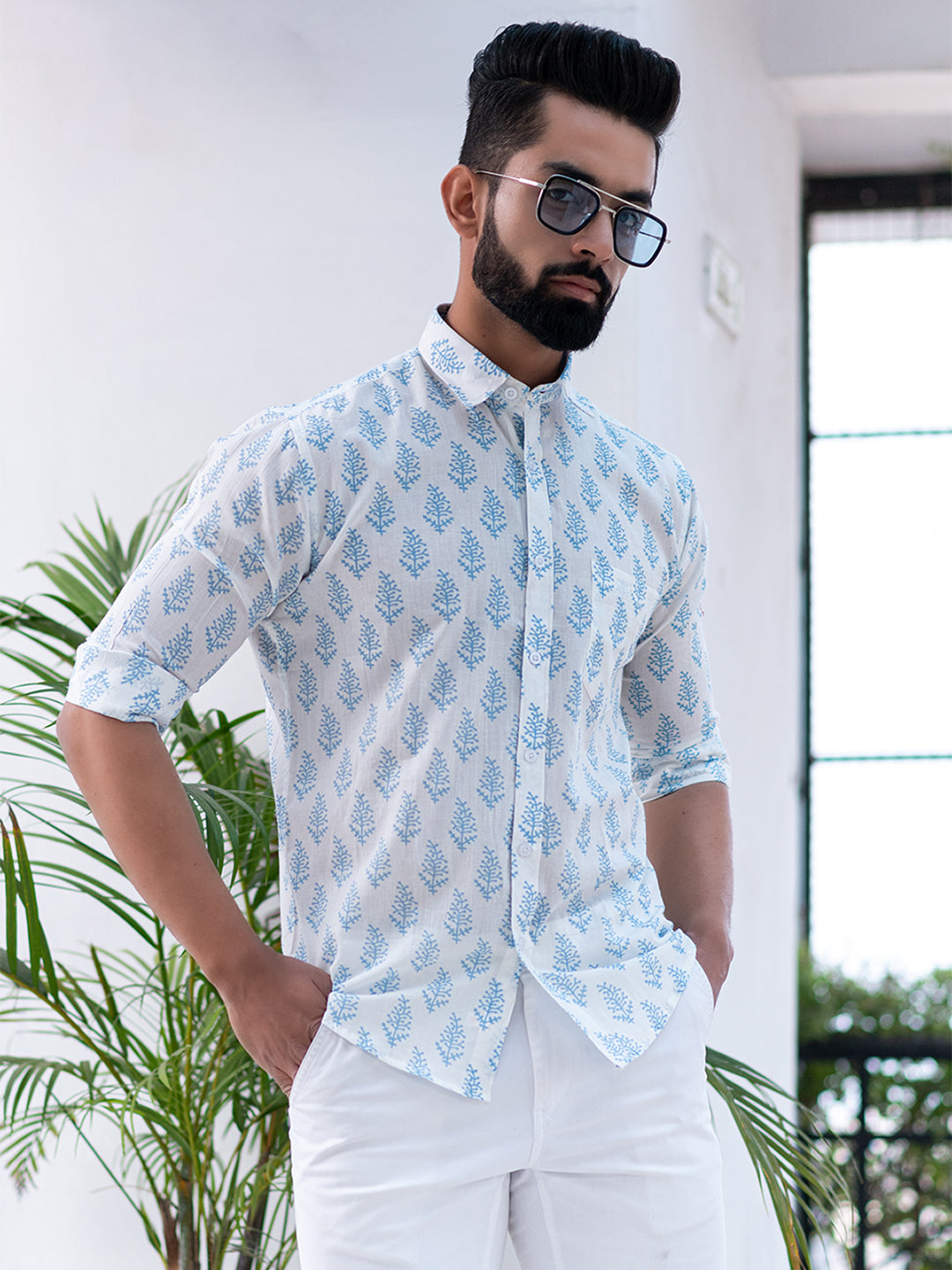 White Block Printed Full Sleeves Cotton Shirt