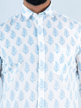 White Block Printed Full Sleeves Cotton Shirt