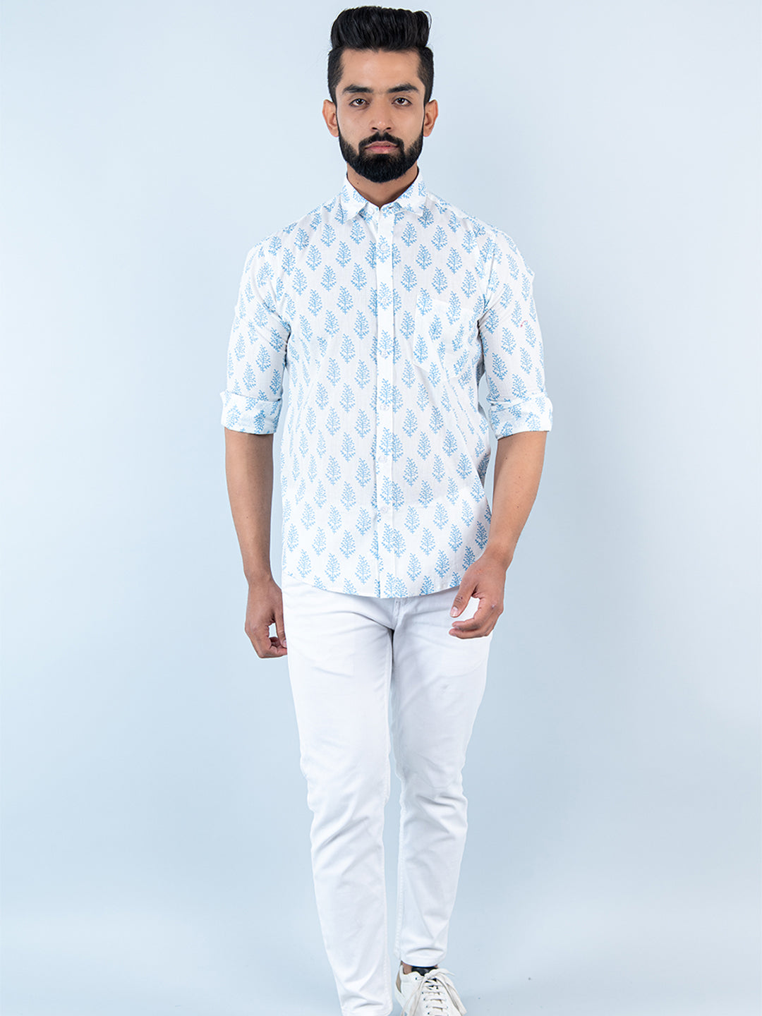 White Block Printed Full Sleeves Cotton Shirt