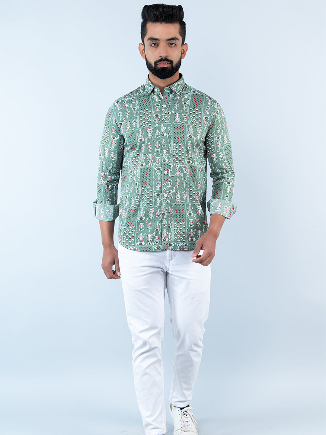 Sea Green Bandana Patchwork Printed Full Sleeves Crepe Shirt