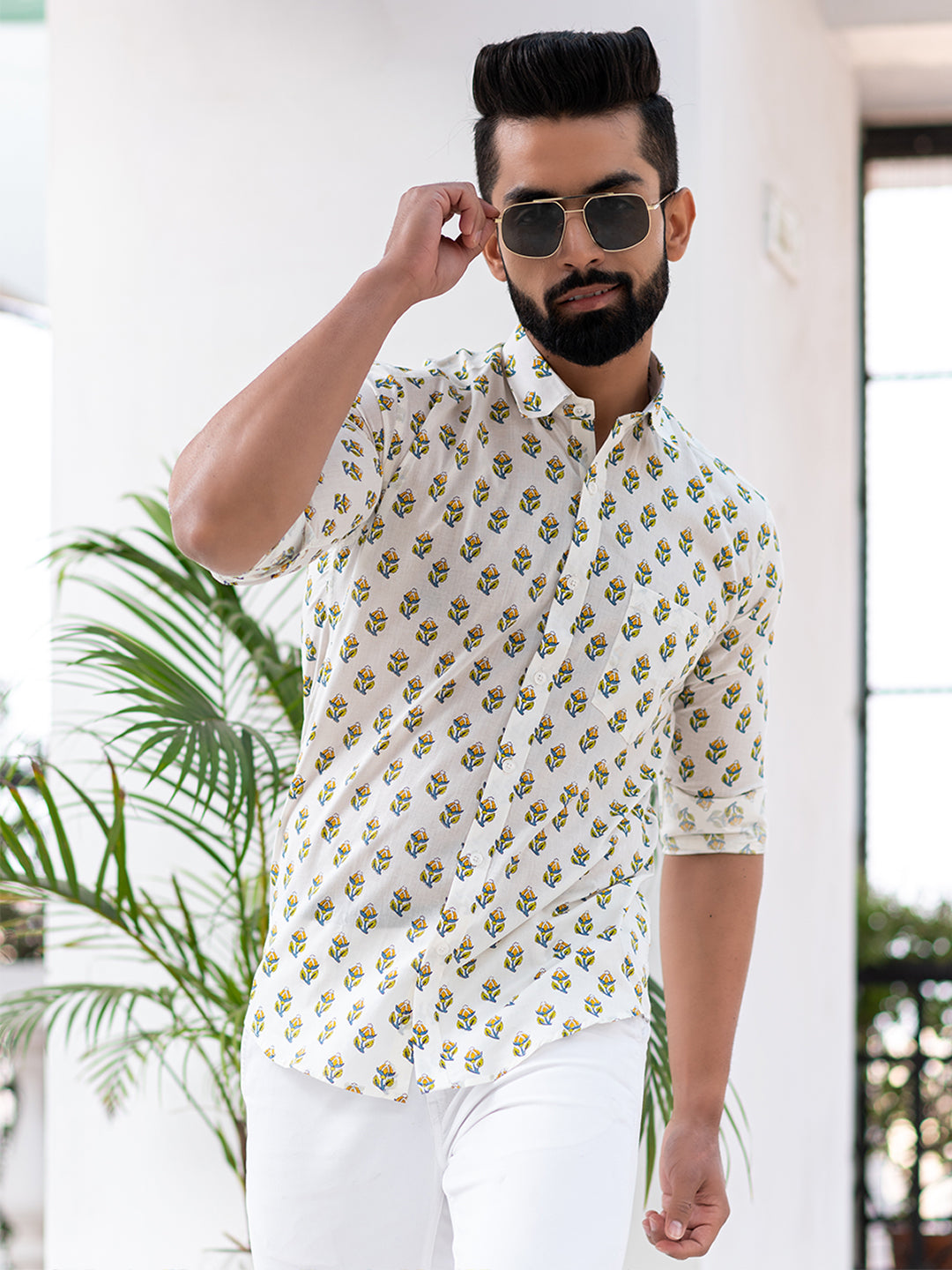 White Block Printed Full Sleeves Cotton Shirt