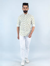 White Block Printed Full Sleeves Cotton Shirt