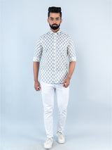 Off White Block Printed Full Sleeves Cotton Shirt