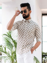 White Block Printed Full Sleeves Cotton Shirt