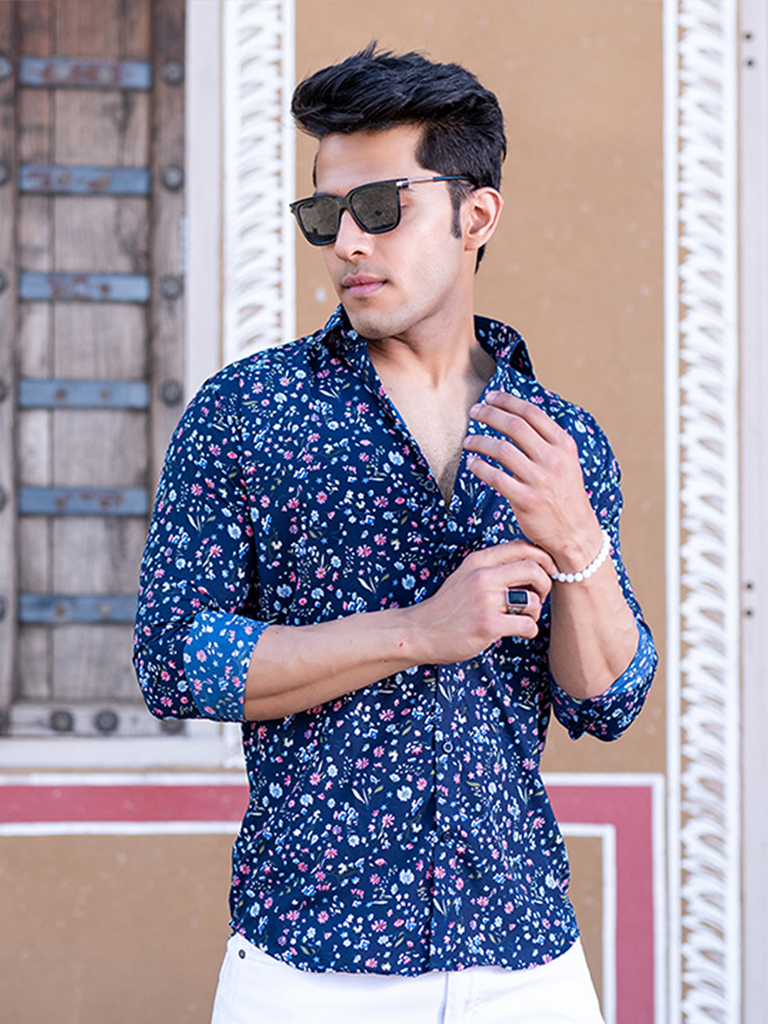 Crepe Full Sleeves Blue Floral Printed Shirt