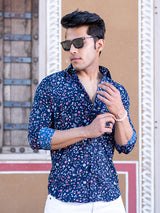 Crepe Full Sleeves Blue Floral Printed Shirt