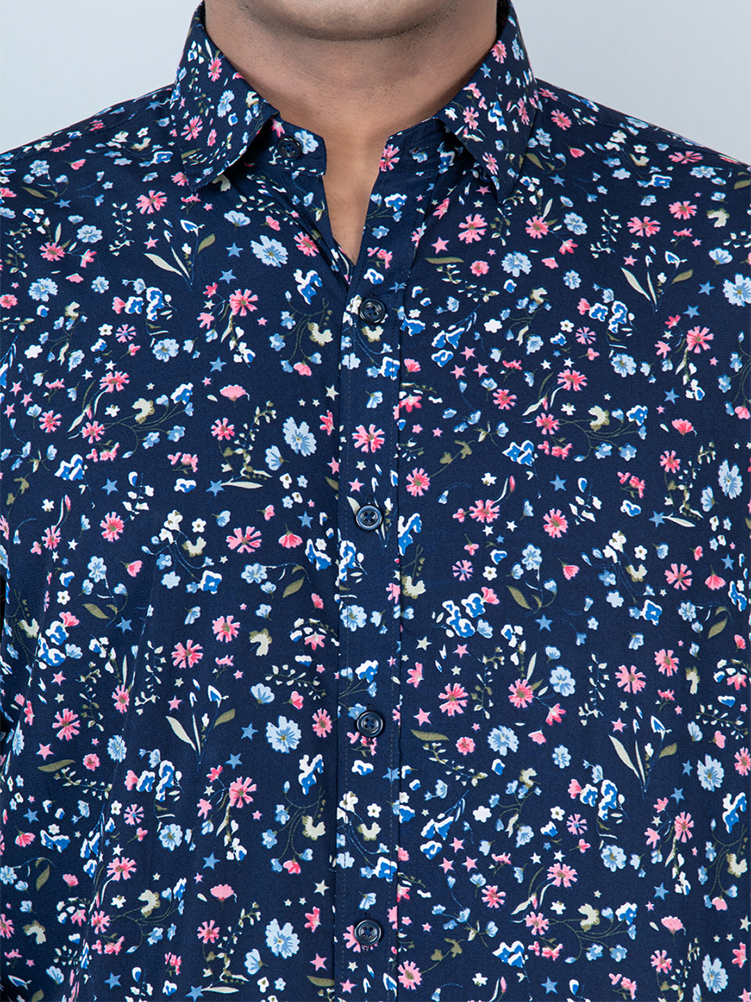 Crepe Full Sleeves Blue Floral Printed Shirt