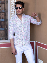 White Floral Printed Full Sleeves Crepe Shirt