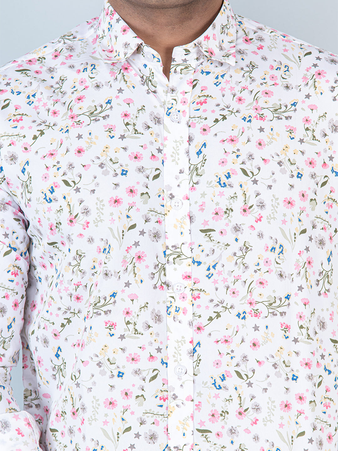 White Floral Printed Full Sleeves Crepe Shirt