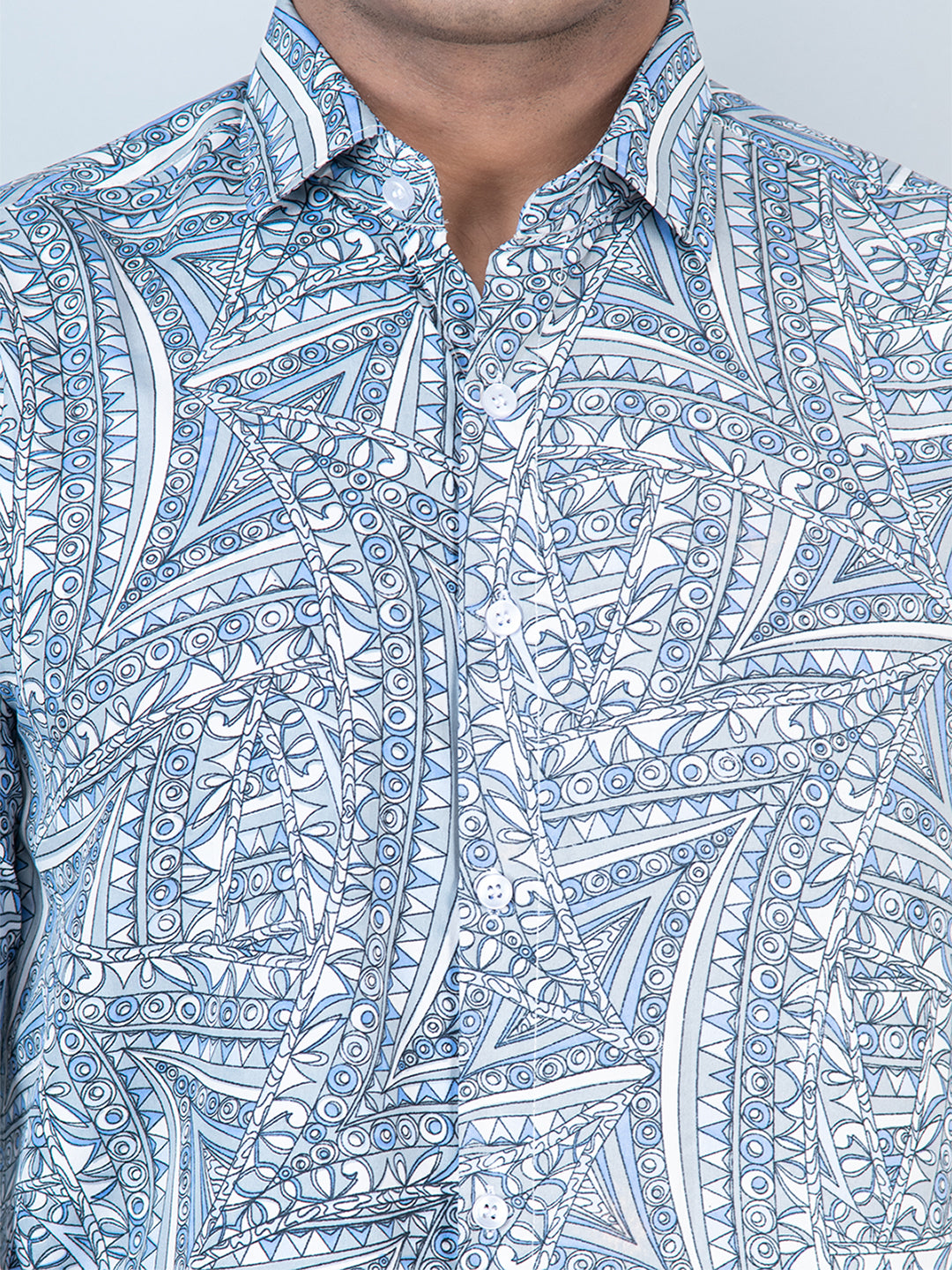 Dusty Blue Polynesian Tribal Printed Full Sleeves Crepe Shirt