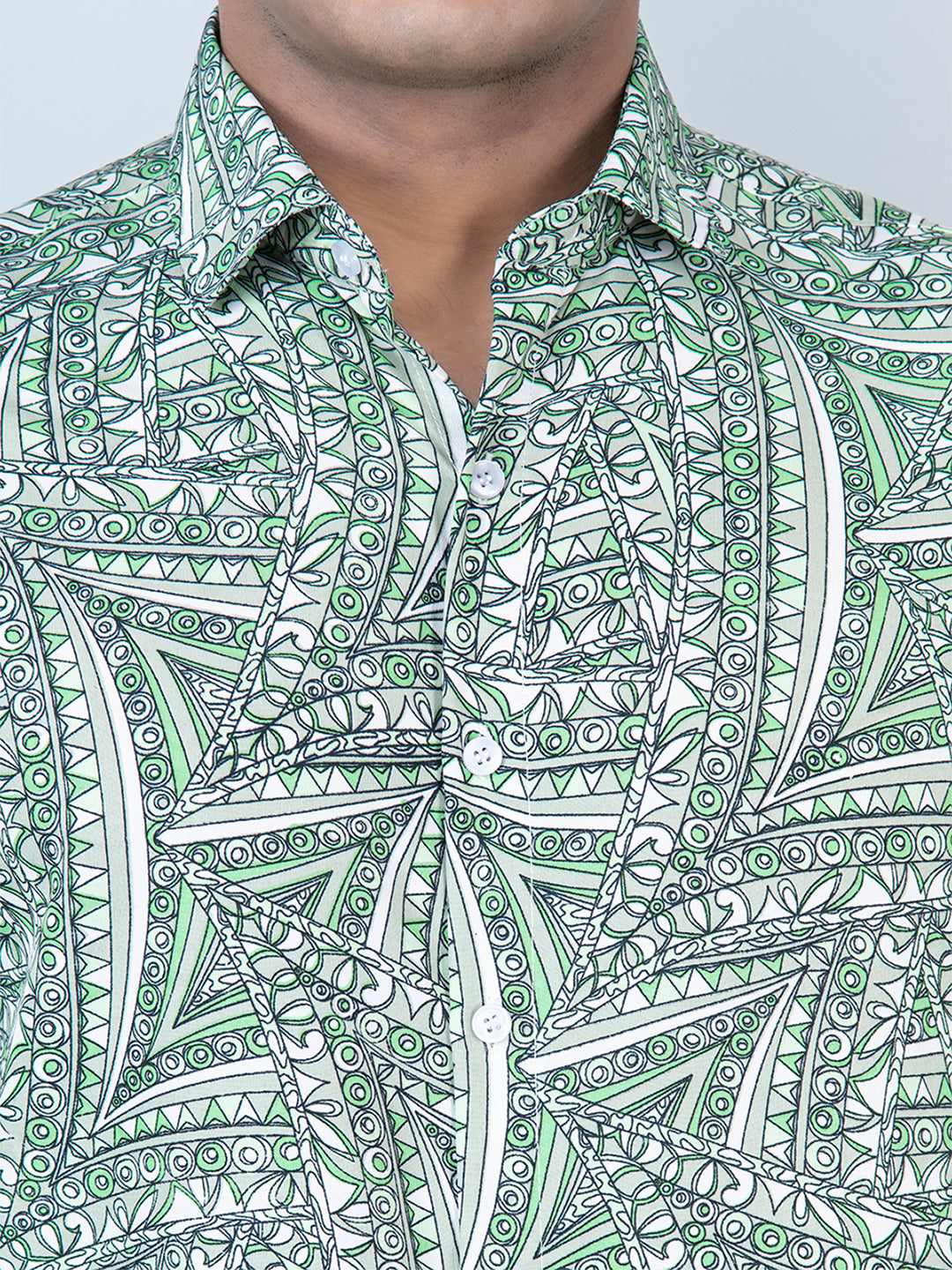 Green Polynesian Tribal Printed Full Sleeves Crepe Shirt