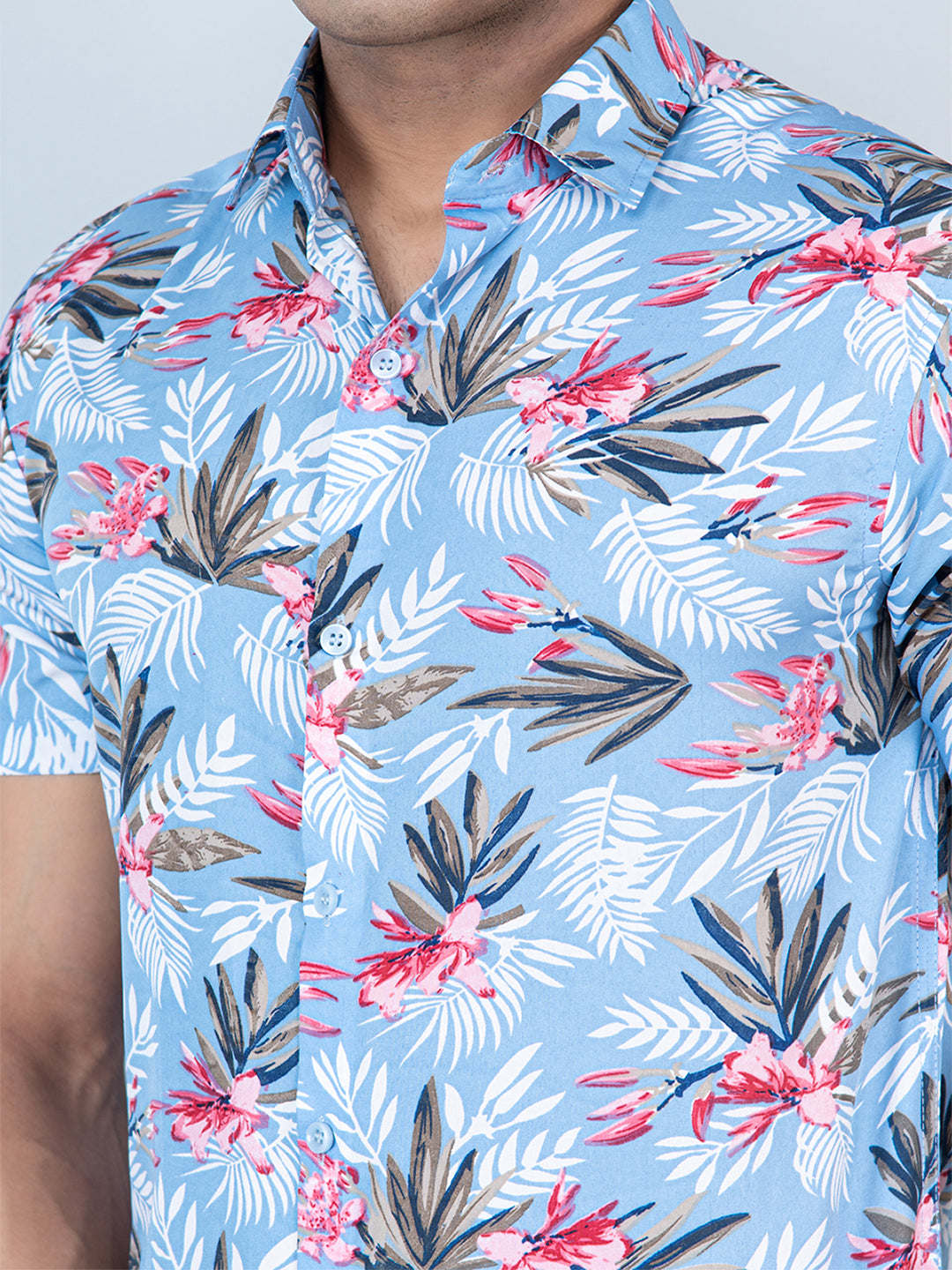 Sky Blue Tropical Printed Half Sleeves Crepe Shirt