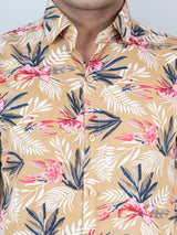 Beige Tropical Printed Half Sleeves Crepe Shirt