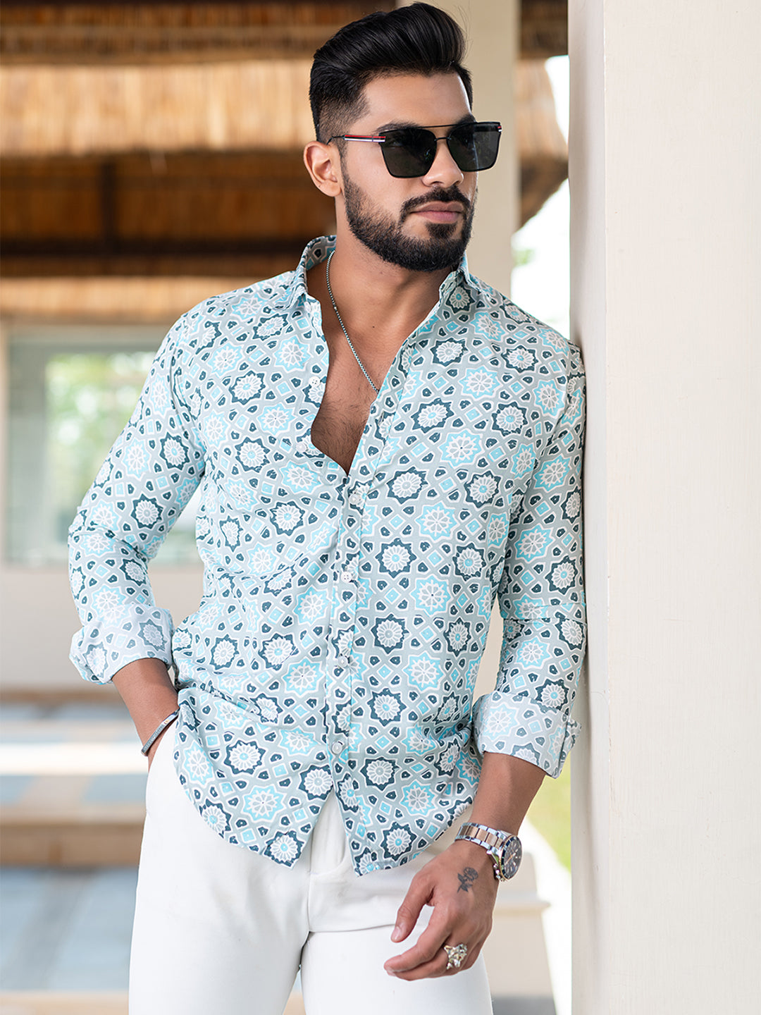 Pearl Grey Blocks Printed Full Sleeves Crepe Shirt