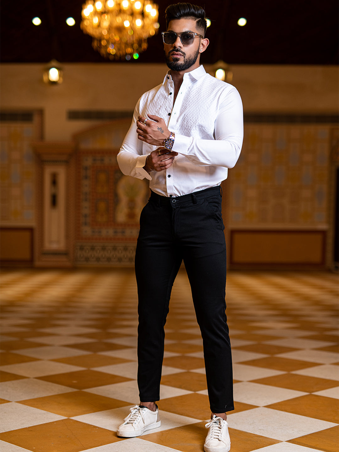 White Tuxedo Full Sleeves Cotton Shirt