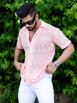 Dusty Pink Crochet Half Sleeves Printed Shirt