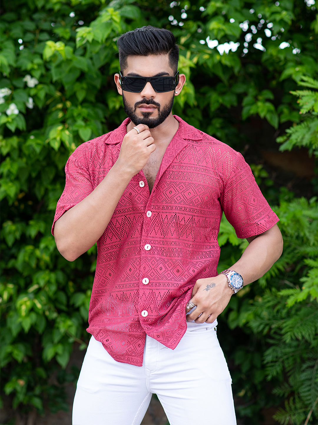 Maroon Brown Crochet Half Sleeves Cotton Printed Shirt