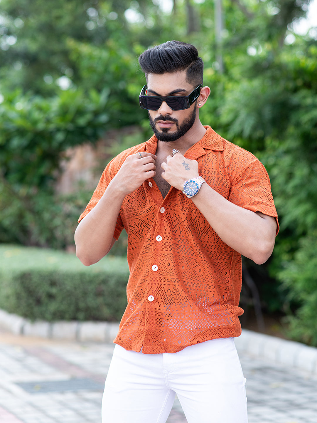 Rust Crochet Half Sleeves Cotton Printed Shirt