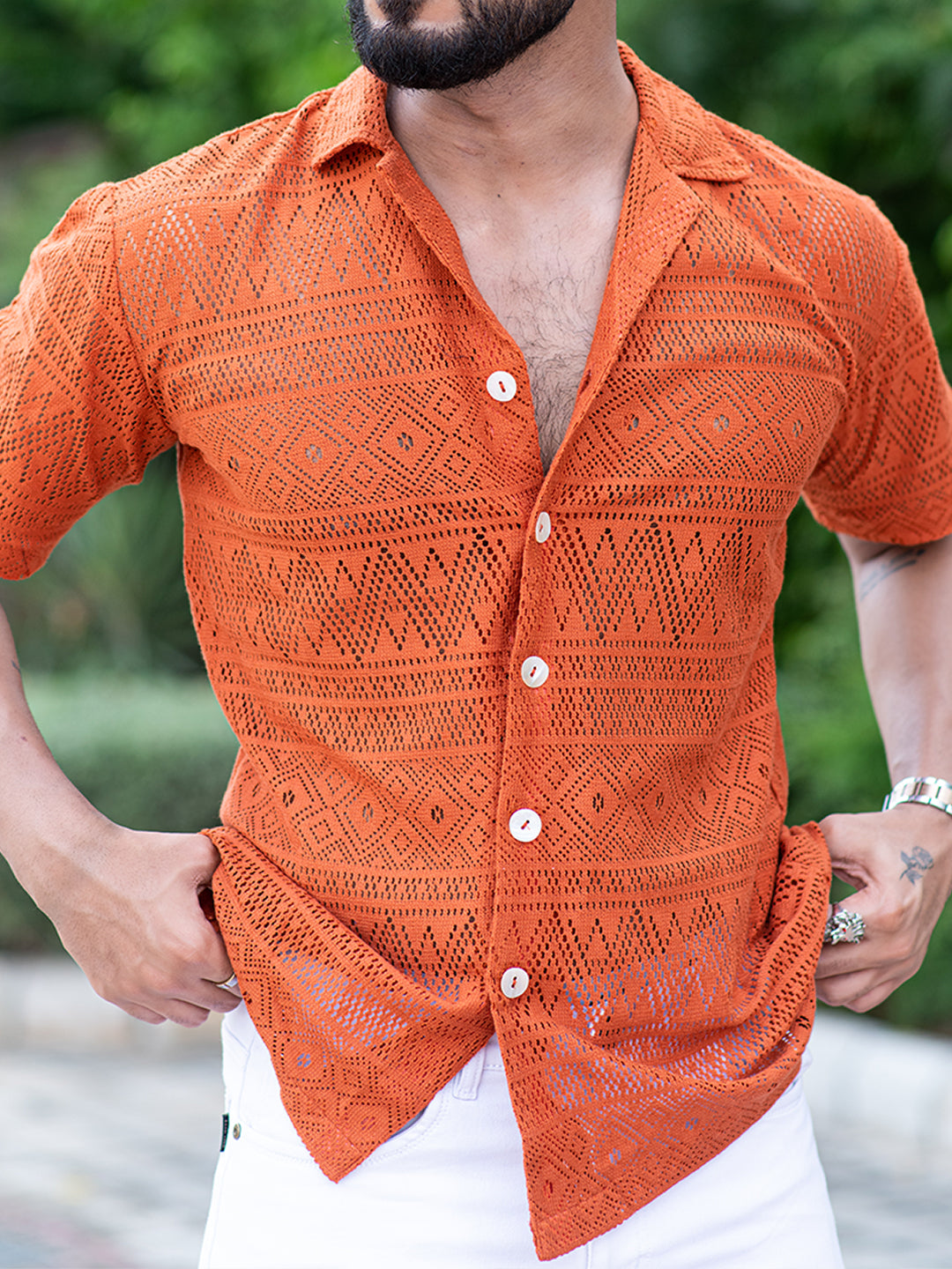 Rust Crochet Half Sleeves Cotton Printed Shirt