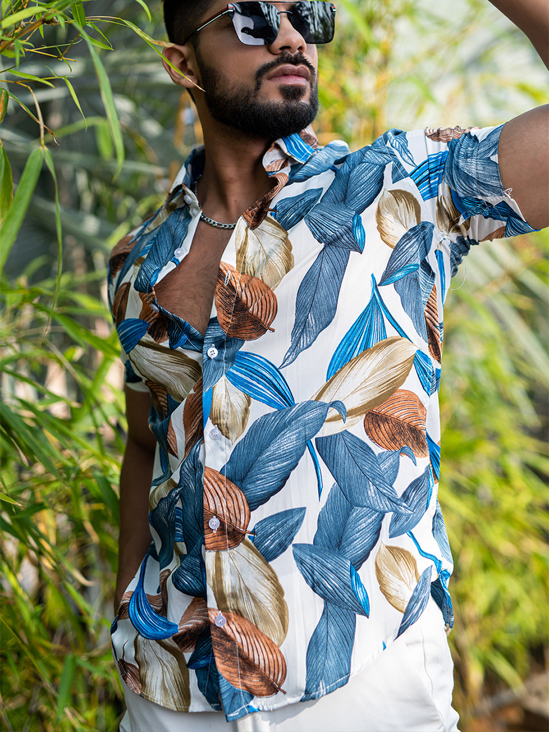 White Leaf Printed Half Sleeves Crepe Shirt