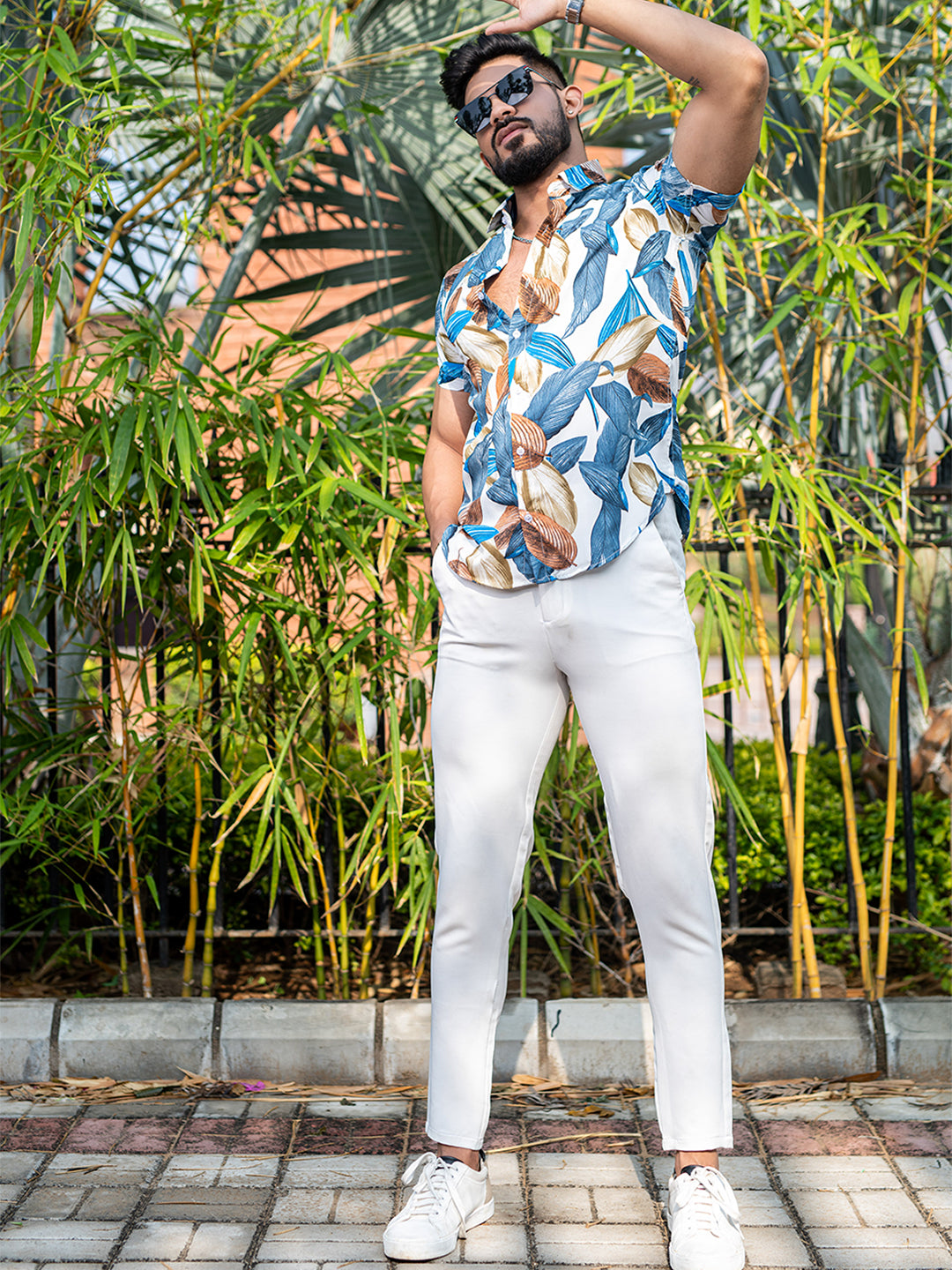 White Leaf Printed Half Sleeves Crepe Shirt