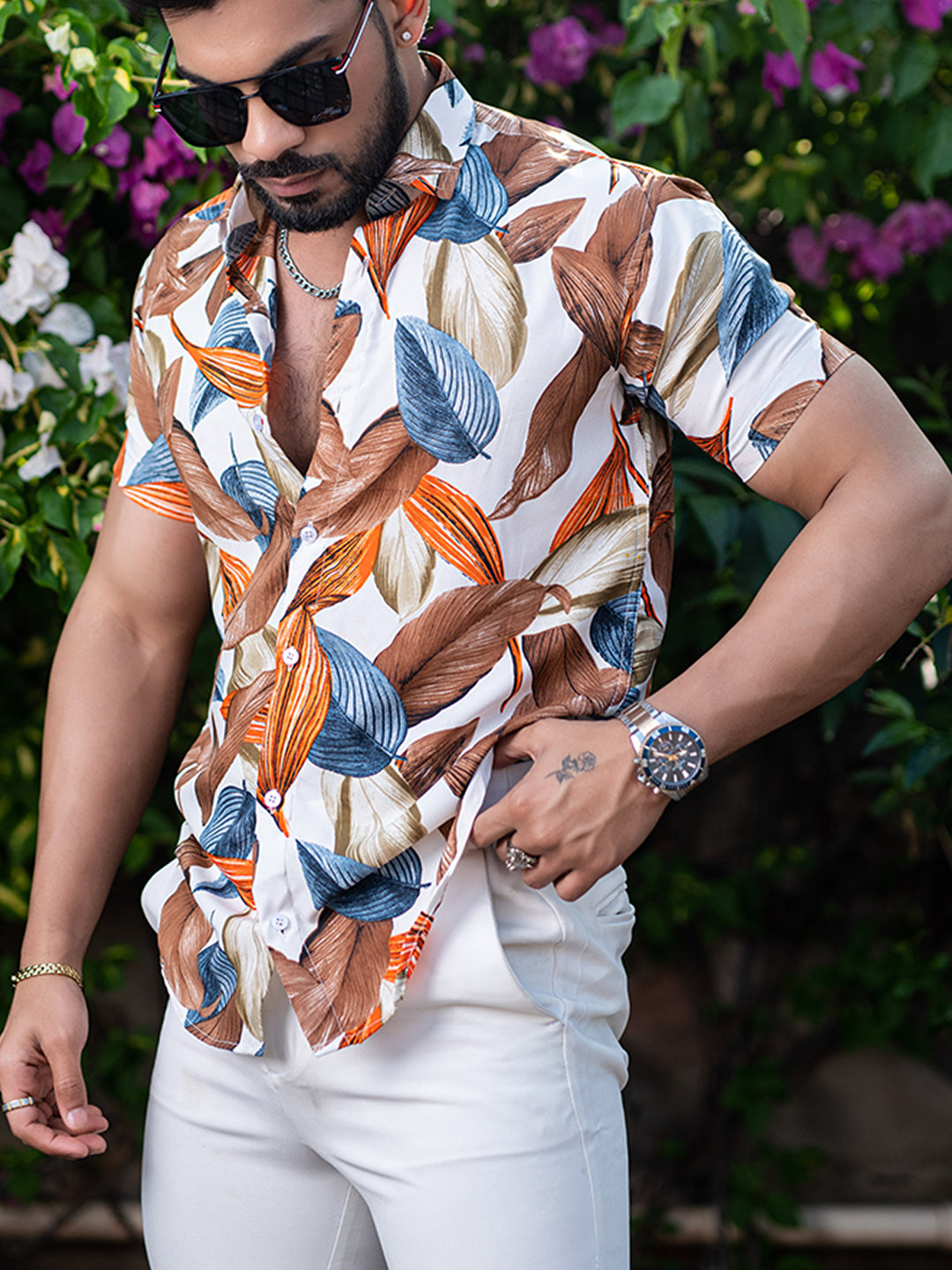 White Leaf Half Sleeves Crepe Printed Shirt