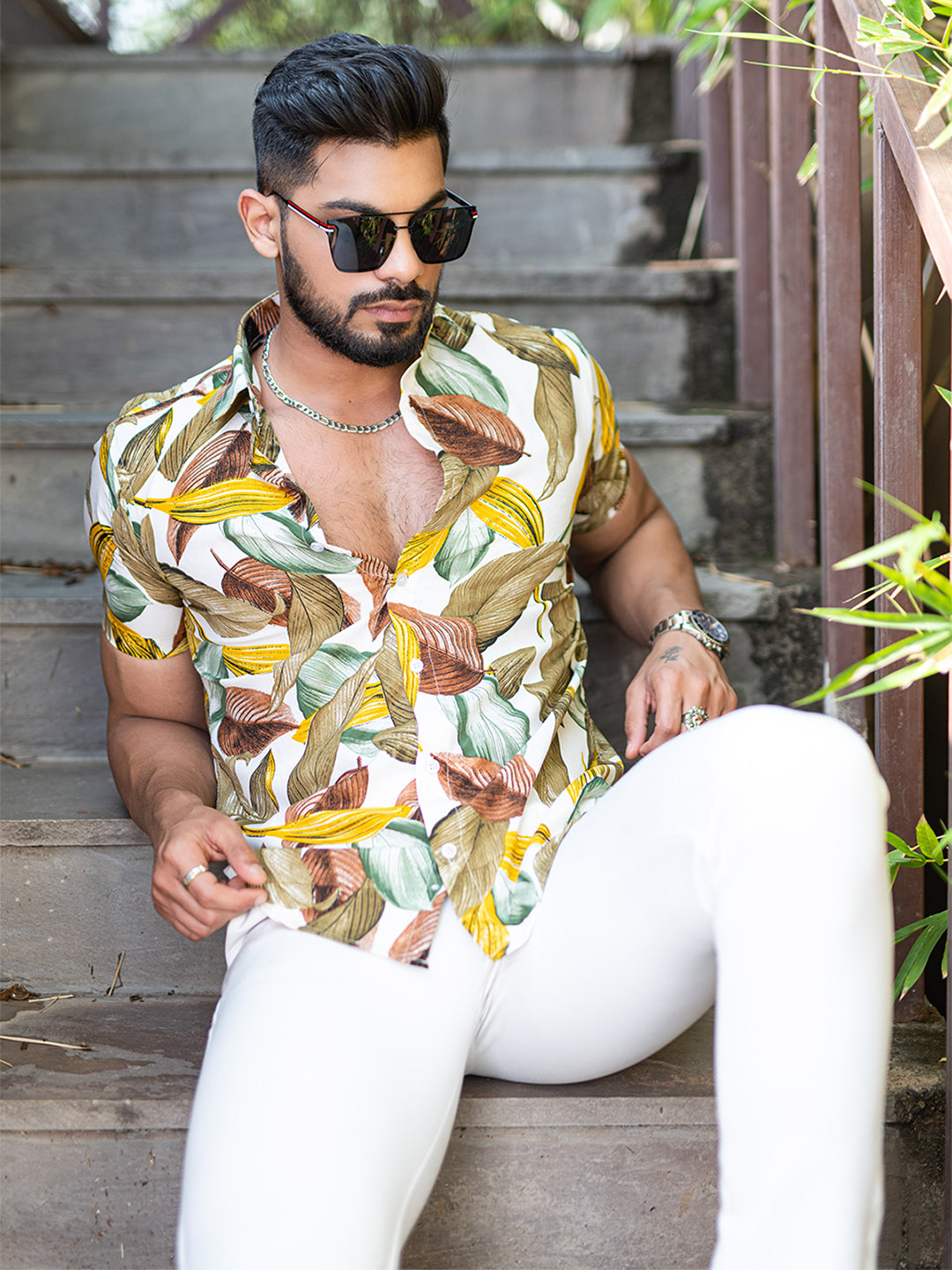 Half Sleeves Crepe White Leaf Printed Shirt