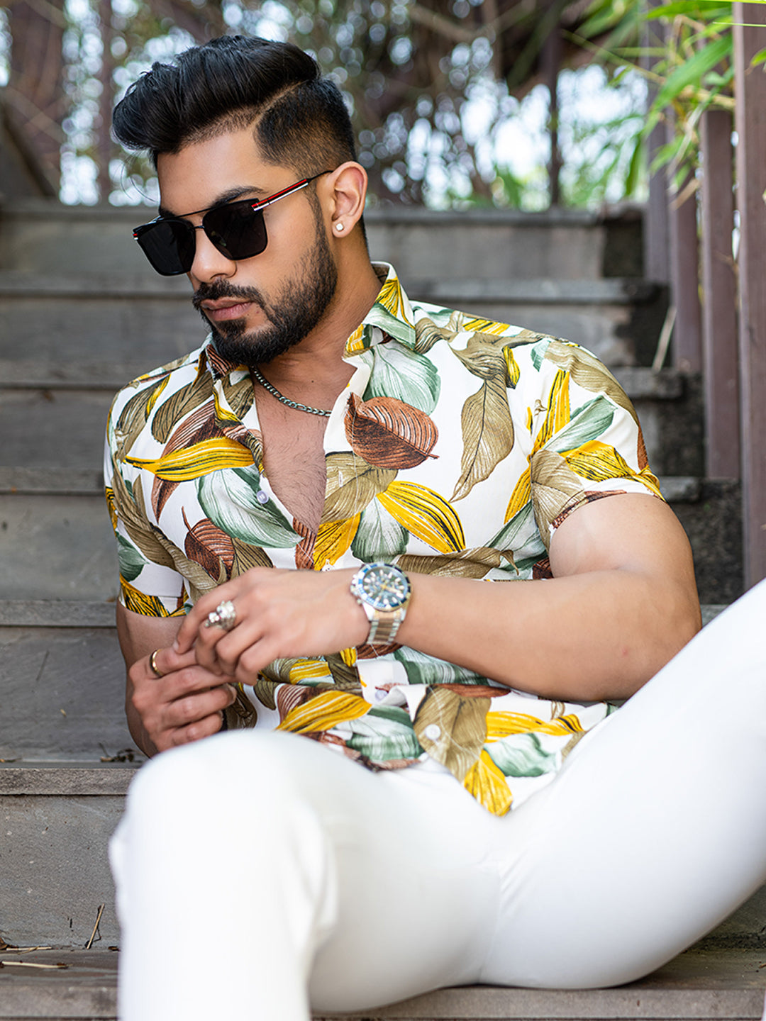 Half Sleeves Crepe White Leaf Printed Shirt