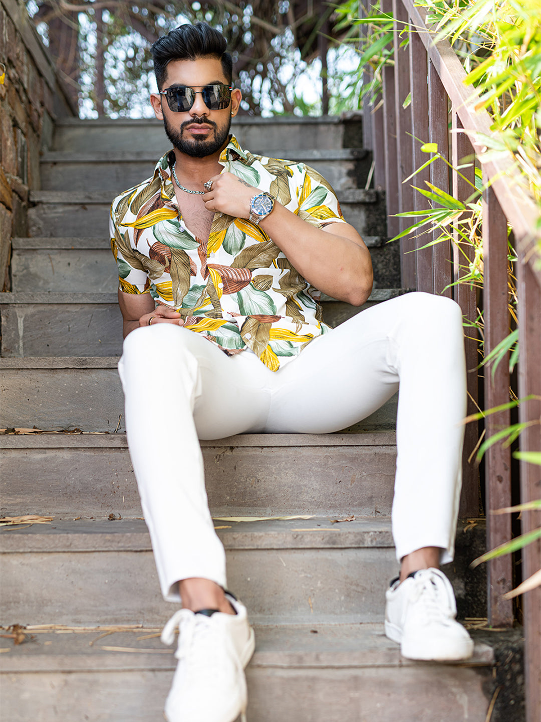 Half Sleeves Crepe White Leaf Printed Shirt