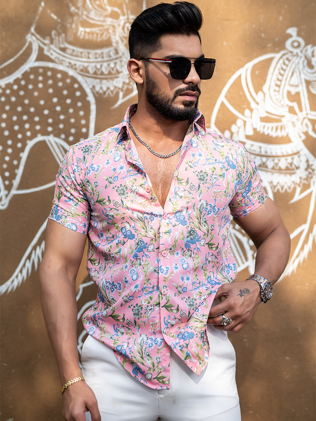 Pink Floral Printed Half Sleeves Crepe Shirt