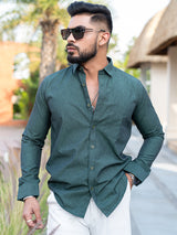 Dark Green Self Weaved Full Sleeves Giza Cotton Shirt