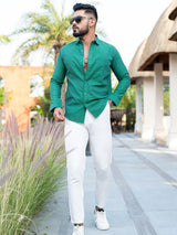 Green Self Weaved Full Sleeves Giza Cotton Shirt