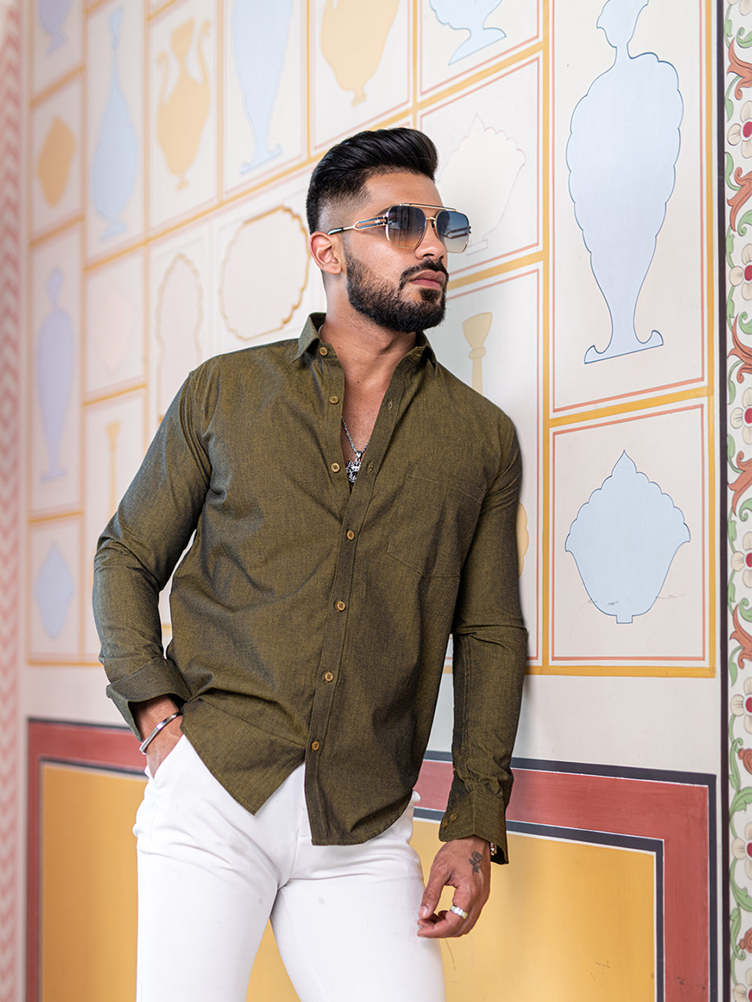 Olive Green Self Weaved Full Sleeves Giza Cotton Shirt